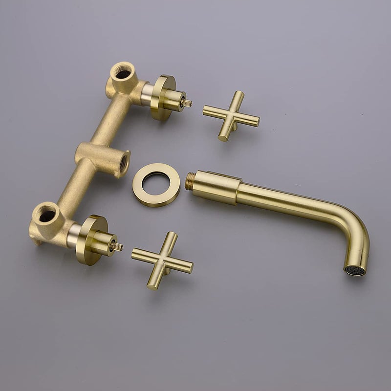 TRUSTMI Wall Mount Brushed Gold Bathroom Faucet, 2 Cross Handle Concealed Vessel Sink Faucet with Brass Rough-in Valve, 8.18" Swivel Spout, Floating Installation Height - Image 5
